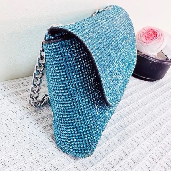 Rhinestone Crystal crossbody metallic wallet chain woc bag purse blue aqua - Picture 5 of 9